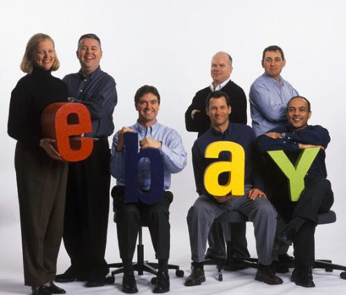 Ebay Executive Team  - Summer 2003 - (L-R):, standing, Ebay President and CEO Meg Whitman, Senior VP Bill Cobb, COO Maynard Webb, and Senior VP Mike Jacobson. Seated are Senior VP Matt Bannick, Senior VP Jeff Jordan, and CFO Rajiv Dutta.