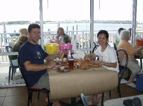 all you can eat crabs - this is me and my hubby in Bahama Mamas with all you can eat crabs!