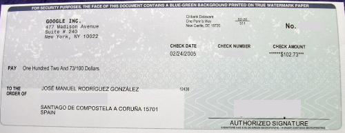 Google's cheque - Google's Cheque for a adsense customer of them.