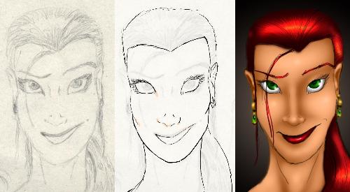 Coloring Process Simple - Here I show how I clean up a drawing for coloration. On the Left is the scan. It is then dimmed and new lines are made on top of it. Colors are added last.