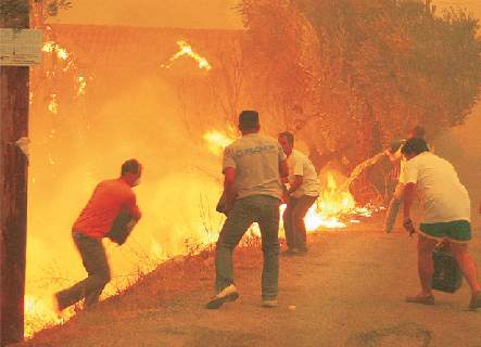 People try help as they can. - The forest fires at Greece destroyed many villages and 44 people died until know.