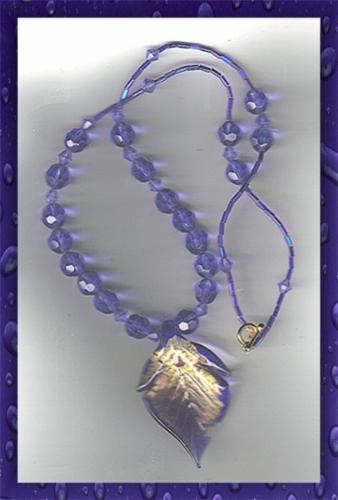 blue lampwork leaf necklace - cobalt blue and gold and copper lampwork leaf necklace