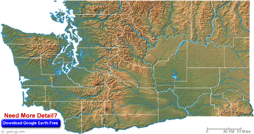 Washington Physical Map  -  This Washington shaded relief map shows the major physical features of the state