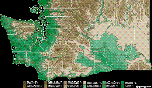 Washington Elevation Map - This is a generalized topographic map of Washington. It shows elevation trends across the state