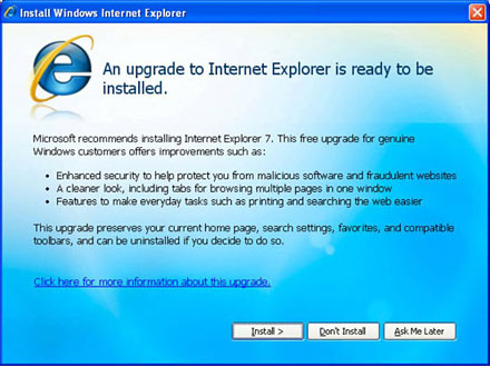 Internet Explorer - IE 7 will be delivered in the fourth quarter as a 'high priority' update via Automatic Updates in Windows XP, Gary Schare, Microsoft's director of IE product management, said in an interview Tuesday in the US. Automatic Updates is a Windows feature typically used for security updates, but Microsoft has also used it to push its antipiracy tool WGA Notifications.