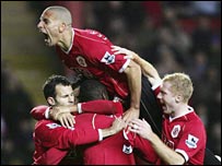 Rio Ferdinand - Rio Ferdinand leads the Man Utd celebrations at Blackburn. Manchester United maintained their three-point advantage at the Premiership 11 November 2006