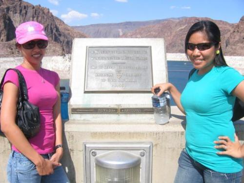 hoover dam - This picture taken last august 17, 2007. We had a trip in Las Vegas and we went to Hoover Dam. Its my first since im new here in USA. It was fun and excited though its hot becuz it was 108 degrees and its hotter than my country Philippines. It was really amazing cuz i could be in two places for a few steps. In that picture i was with my room mate Michelle and were in the border of Arizona and Nevada, cool huh? it was really amazing cuz i never went to any of 7 wonders of the world before. Now atleast i had my experience to visit one of the historical landmarks of United States.