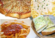 food - italian. pizza, pasta and garlic bread