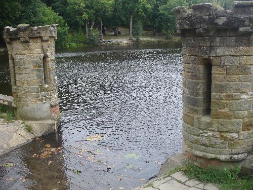 The Turret Entrance To The Overspill - Two turrets at the top of the overspill cascade, in Buchan Park.