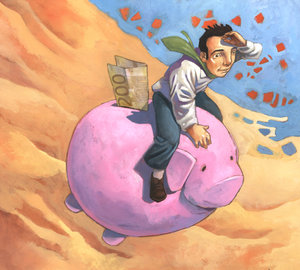 Saving Money - Cartoon - Man on a piggy bank.