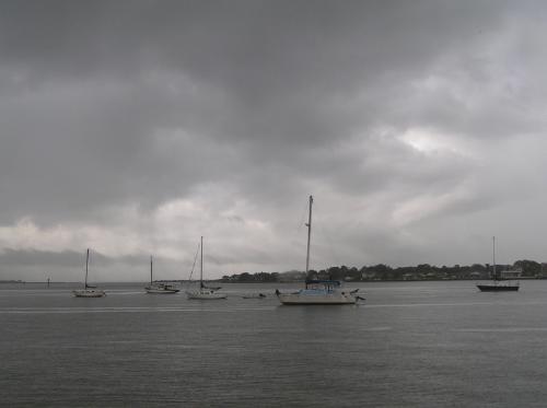 boats riding out a rainstorm - Many boats were moored out in the bay in St. Augustine. No one was doing much sailing in the rain.