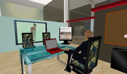 My Office in Second Life. - This is the office I work in on the 3-D virtual world of 'Second Life'. I'm a new media consultant and the office is part of MetaNet Consulting. It's located on Silicon Island at Silicon Island Office Tower.