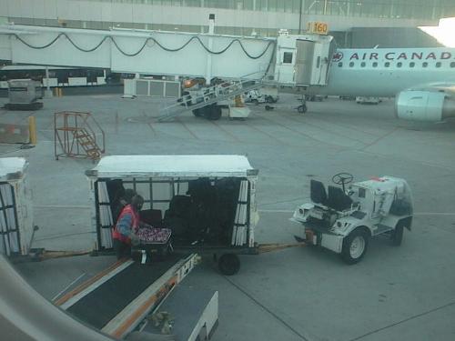 Luggage Coming Off Of The Plane - See that black suitcase with the red and white floral top? It's mine! I was very happy to see that they did NOT lose my luggage! haha When I realized I could see them unloading from my window, I decided to get my camera ready and see if I could get a picture of my own luggage. haha
