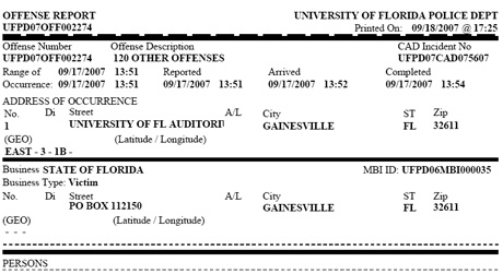 Police Report - The Police Report of Andrew Meyer&#039;s apparent offence.
