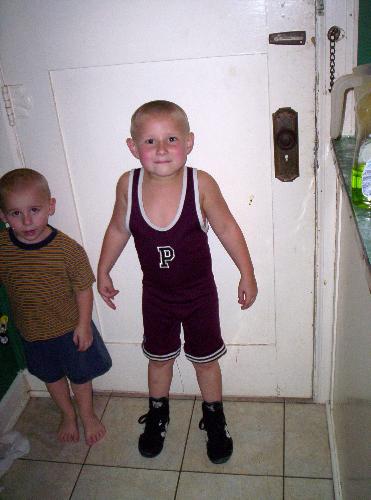 My son - This is my 5 year old son. He just got his wrestling singlet tonight and had to put it on for a picture.