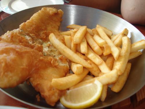 fish and fries - Here in this specific picture are several pieces of crunchy juicy potato fries, a slab of very tender breaded fish fillet, and a small slice of lemon, which is available at Fish & Co.