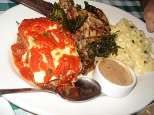 steak and pasta - In this particular photo are the following: slab of appetizing steak, mouth-watering lasagna, saucy carbonara, and rich gravy.