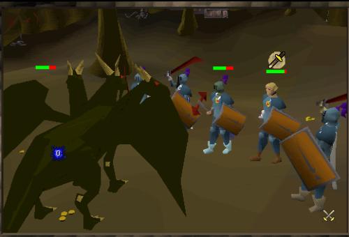 Fighting the King Black Dragon - Five warriors in rune armour fight the king black dragon.