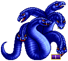 Heroes 1: Warlock Creatures - Hydra - Hydra may be big and blue and rather adorable for some people, but it is very expensive, costing more gold than Paladin, Cyclops and Genie. The hit points are ridiculously high, while defence, attack and damage are reasonable for level 5. Hydra's special ability is amazing - it attacks all enemies that stand around its two hex body at once and no one can retaliate! So in making one attack Hydra can make two, three, four or even five attacks! When one of the surrounding enemies attacks and Hydra retaliates, the retaliation will also damage all surrounding enemies! So positioning Hydras to attack multiple enemies is crucial. Too good, right? Now the drawback. Slow speed means Hydras slow down your hero and take very long time to crawl towards enemies. And Warlock doesn't exactly have many shooters for Hydras to defend. The most devastating combination are Hydras and Teleport spell. Imagine having a pack of enemy Hydras materialise inside your castle walls, making your walls your own deadly prison. The Hydras are hard to utilise fully, but when you succeed, it is very satisfying. If you have any Dragons to recruit, I recommend you save money for a Dragon instead of buying Hydras, due to Dragon's high versatility.