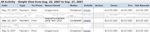 Bloggerwave and Blogvertise Payment Proof - The top and bottom payments are from Bloggerwave and the middle payment is from  blogvertise.