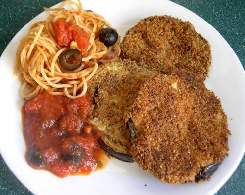 Vegan Eggplant and Pasta - Vegan dish. Breaded eggplant with a side of spaghetti and marinara sauce.