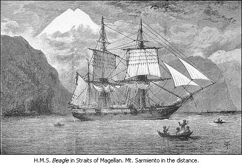 HMS Beagle in the Straits of Magellan - This is a picture from the original 'A Naturalist's Voyage Round the World Journal of Researches into the Natural History and Geology of the countries visited during the voyage round the world of H.M.S. Beagle under the command of Captain Fitz Roy, R.N. By Charles Darwin, M.A., F.R.S. with illustrations by R. T. Pritchett of places visited and objects described.'