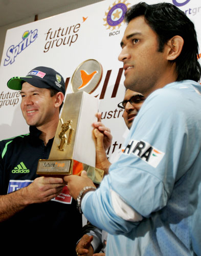 India Australia Series!!!!! - India captain Mahendra Singh Dhoni and his Australian counterpart Ricky Ponting unveiled the 'Future Cup', the symbol of supremacy in the seven-match One-Day International series, beginning in Bangalore on Saturday.  Future Retail CEO Rakesh Biyani and Karnataka State Cricket Association president Srikantadatta Narasimharaja Wadiyar were among those present at the unveiling function in Bangalore on Friday.  The Future Group has the title rights for the series and will be associated with the development, branding and promotion it.  Kochi will host the second ODI on October 2, followed by Hyderabad (Oct 5), Chandigarh (Oct 8), Vadodara (Oct 11), Nagpur (Oct 14) and Mumbai (Oct 17).  Australia, which regained its number one ranking from South Africa during the ICC World Cup in the West Indies, could drop as low as third in the LG ICC ODI table if recently-crowned World Twenty20 champions India sweep the series.  If that happens, India, currently on 108 points, could gain 10 points to 118 and in the process leapfrog Australia, New Zealand, Sri Lanka and Pakistan to second, with Australia dropping from 129 to 116.  A 6-1 or 5-2 series victory for Dhoni in his first series as India's ODI captain would mean Australia losing top position to South Africa while India would move to third place in a congested table in which just nine ratings points separate third and seventh positions.  A 4-3 win would lift India to fifth while Australia would be left on the same mark as South Africa, 124 points, but would retain top spot when the ratings are calculated to three decimal places.  However, the other side of the story is that if Australia sweeps the series, India will fall as low as seventh. A 6-1 or 5-2 series win for Australia would result in India maintaining sixth place with Australia extending its advantage over South Africa.