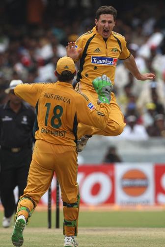 Brad Hogg - Brad Hogg ceebrating the wicket of Sachin Tendulkar