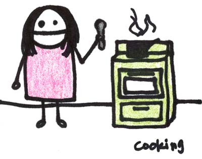 ...Argh I Need To Pee... - drawing of a girl cooking at a stove
