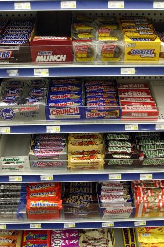 racks of candy bars - Store racks of candy bars.