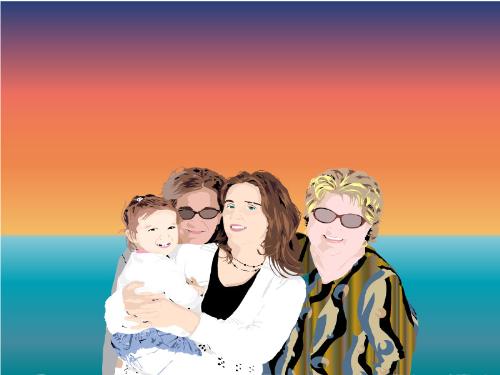 Family Picture of four Generations - A portrait drawing of four women part of a family respesenting Four Generations of this particular family. This was done in Adobe Illustrator. The Background was udes from a gradient listing I have on my computer, but the picture of the four ladies was done by me.  If you would one done, email me and maybe we can work something out.
