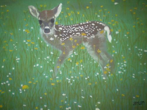 Lone Deer - an oil painting - My 1st oil painting master piece.It was a 5hr long effort and truly a satisfactory result.I had help from a picture in a calendar that gave me the idea to draw a deer.Its framed in my residence. If you take a close look you can find a man rowing a boat in the centre.