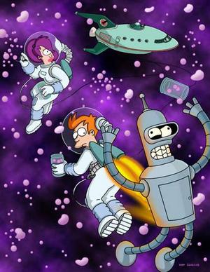 Floating in Space - The fry, leela, and bender floating in space.