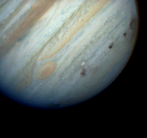 A bruised Jupiter after Shoemaker-Levy 9's impact - These bruises on planet Jupiter are each the size of our little Earth. If that thing hit us, that would have been an extinction event.