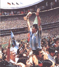 Diego Armando Maradona - Diego Armando Maradona (born October 30, 1960) is an Argentine former footballer. He played in four World Cups and received the FIFA award of Player of the century (People's choice) after being voted in 2000 in an international internet fan poll as the best football player of all time. Maradona won many trophies with Boca Juniors, FC Barcelona and SSC Napoli over the course of his career. During an international career that included 91 caps and 34 goals, he played in four FIFA World Cup tournaments, leading the Argentina national team to its victory over West Germany in 1986 World Cup, in which he collected the Golden Ball award as the tournament's best player. His second goal against England in the quarter-finals of the '86 tournament -- a spectacular 60-meter weave through six England players -- is commonly referred to as 'The Goal of the Century.' or, in Argentina, 'The Cosmic Kite' (Spanish: El barrilete cósmico). He is also considered one of the sport's most controversial figures. Maradona was suspended for 15 months in 1991 after a failed doping test for cocaine in Italy, and then again for ephedrine during the 1994 World Cup in USA.  After retirement from professional football on 30 October 1997, he suffered ill health and weight gain, along with ongoing cocaine abuse. However, a stomach-stapling operation helped control his weight gain. Since overcoming his cocaine addiction, he has become a TV host in Argentina.