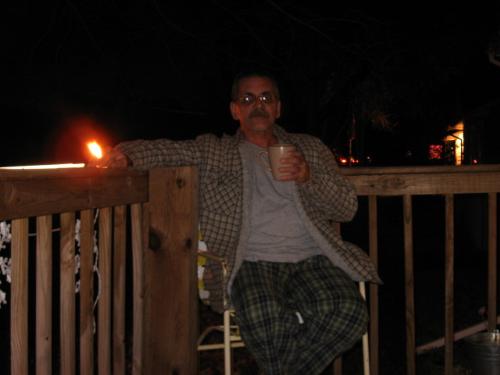 One More Night? - Me sitting outside having coffee on my deck