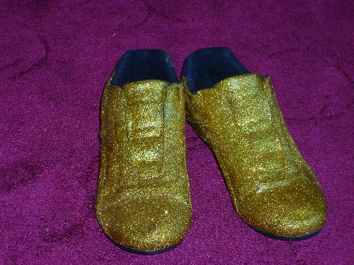 glitter shoes - my husband and i were going to the royal albert hall in london and hubby wanted to make a splash. he bought a cheap pair of shoes and with gold glitter, vanish and glue with paint we made the shoes gold. it took us a long time. they were noticed a lot!!