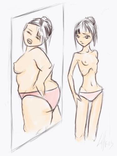 anorexia - anorexic woman who is looking in the mirror