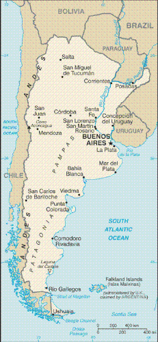 Argentina - Background: 	Definition Field Listing In 1816, the United Provinces of the Rio Plata declared their independence from Spain. Eventually, Bolivia, Paraguay, and Uruguay went their own way, but the area that remained became Argentina. The country's population and culture were subsequently heavily shaped by immigrants from throughout Europe, but most particularly Italy and Spain, which provided the largest percentage of newcomers from 1860 to 1930. Up until about the mid-20th century, much of Argentina's history was dominated by periods of internal political conflict between Federalists and Unitarians and between civilian and military factions. After World War II, an era of Peronist authoritarian rule and interference in subsequent governments was followed by a military junta that took power in 1976. Democracy returned in 1983, and has persisted despite numerous challenges, the most formidable of which was a severe economic crisis in 2001-02 that led to violent public protests and the resignation of several interim presidents. The economy has recovered strongly since bottoming out in 2002. The government renegotiated its public debt in 2005 and paid off its remaining obligations to the IMF in early 2006.  	Geography 	 Argentina 	Top of Page Location: 	Definition Field Listing Southern South America, bordering the South Atlantic Ocean, between Chile and Uruguay Geographic coordinates: 	Definition Field Listing 34 00 S, 64 00 W Map references: 	Definition Field Listing South America Area: 	Definition Field Listing Rank Order total: 2,766,890 sq km land: 2,736,690 sq km water: 30,200 sq km Area - comparative: 	Definition Field Listing slightly less than three-tenths the size of the US Land boundaries: 	Definition Field Listing total: 9,861 km border countries: Bolivia 832 km, Brazil 1,261 km, Chile 5,308 km, Paraguay 1,880 km, Uruguay 580 km Coastline: 	Definition Field Listing 4,989 km Maritime claims: 	Definition Field Listing territorial sea: 12 nm contiguous zone: 24 nm exclusive economic zone: 200 nm continental shelf: 200 nm or to the edge of the continental margin Climate: 	Definition Field Listing mostly temperate; arid in southeast; subantarctic in southwest Terrain: 	Definition Field Listing rich plains of the Pampas in northern half, flat to rolling plateau of Patagonia in south, rugged Andes along western border Elevation extremes: 	Definition Field Listing lowest point: Laguna del Carbon -105 m (located between Puerto San Julian and Comandante Luis Piedra Buena in the province of Santa Cruz) highest point: Cerro Aconcagua 6,960 m (located in the northwestern corner of the province of Mendoza) Natural resources: 	Definition Field Listing fertile plains of the pampas, lead, zinc, tin, copper, iron ore, manganese, petroleum, uranium Land use: 	Definition Field Listing arable land: 10.03% permanent crops: 0.36% other: 89.61% (2005) Irrigated land: 	Definition Field Listing 15,500 sq km (2003) Natural hazards: 	Definition Field Listing San Miguel de Tucuman and Mendoza areas in the Andes subject to earthquakes; pamperos are violent windstorms that can strike the pampas and northeast; heavy flooding Environment - current issues: 	Definition Field Listing environmental problems (urban and rural) typical of an industrializing economy such as deforestation, soil degradation, desertification, air pollution, and water pollution note: Argentina is a world leader in setting voluntary greenhouse gas targets Environment - international agreements: 	Definition Field Listing party to: Antarctic-Environmental Protocol, Antarctic-Marine Living Resources, Antarctic Seals, Antarctic Treaty, Biodiversity, Climate Change, Climate Change-Kyoto Protocol, Desertification, Endangered Species, Environmental Modification, Hazardous Wastes, Law of the Sea, Marine Dumping, Ozone Layer Protection, Ship Pollution, Wetlands, Whaling signed, but not ratified: Marine Life Conservation Geography - note: 	Definition Field Listing second-largest country in South America (after Brazil); strategic location relative to sea lanes between the South Atlantic and the South Pacific Oceans (Strait of Magellan, Beagle Channel, Drake Passage); diverse geophysical landscapes range from tropical climates in the north to tundra in the far south; Cerro Aconcagua is the Western Hemisphere's tallest mountain, while Laguna del Carbon is the lowest point in the Western Hemisphere