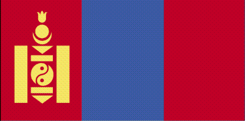 Mongolian flag -    Flag Description:  three equal, vertical bands of red (hoist side), blue, and red; centered on the hoist-side red band in yellow is the national emblem ('soyombo' - a columnar arrangement of abstract and geometric representation for fire, sun, moon, earth, water, and the yin-yang symbol)
