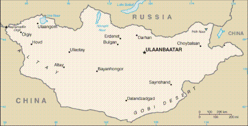Mongolia - Background: 	Definition Field Listing The Mongols gained fame in the 13th century when under Chinggis KHAN they conquered a huge Eurasian empire. After his death the empire was divided into several powerful Mongol states, but these broke apart in the 14th century. The Mongols eventually retired to their original steppe homelands and later came under Chinese rule. Mongolia won its independence in 1921 with Soviet backing. A Communist regime was installed in 1924. The ex-Communist Mongolian People's Revolutionary Party (MPRP) won elections in 1990 and 1992, but was defeated by the Democratic Union Coalition (DUC) in the 1996 parliamentary election. Since then, parliamentary elections returned the MPRP overwhelmingly to power in 2000 and produced a coalition government in 2004.  	Geography 	 Mongolia 	Top of Page Location: 	Definition Field Listing Northern Asia, between China and Russia Geographic coordinates: 	Definition Field Listing 46 00 N, 105 00 E Map references: 	Definition Field Listing Asia Area: 	Definition Field Listing Rank Order total: 1,564,116 sq km Area - comparative: 	Definition Field Listing slightly smaller than Alaska Land boundaries: 	Definition Field Listing total: 8,220 km border countries: China 4,677 km, Russia 3,543 km Coastline: 	Definition Field Listing 0 km (landlocked) Maritime claims: 	Definition Field Listing none (landlocked) Climate: 	Definition Field Listing desert; continental (large daily and seasonal temperature ranges) Terrain: 	Definition Field Listing vast semidesert and desert plains, grassy steppe, mountains in west and southwest; Gobi Desert in south-central Elevation extremes: 	Definition Field Listing lowest point: Hoh Nuur 518 m highest point: Nayramadlin Orgil (Huyten Orgil) 4,374 m Natural resources: 	Definition Field Listing oil, coal, copper, molybdenum, tungsten, phosphates, tin, nickel, zinc, fluorspar, gold, silver, iron Land use: 	Definition Field Listing arable land: 0.76% permanent crops: 0% other: 99.24% (2005) Irrigated land: 	Definition Field Listing 840 sq km (2003) Natural hazards: 	Definition Field Listing dust storms, grassland and forest fires, drought, and 'zud,' which is harsh winter conditions Environment - current issues: 	Definition Field Listing limited natural fresh water resources in some areas; the policies of former Communist regimes promoted rapid urbanization and industrial growth that had negative effects on the environment; the burning of soft coal in power plants and the lack of enforcement of environmental laws severely polluted the air in Ulaanbaatar; deforestation, overgrazing, and the converting of virgin land to agricultural production increased soil erosion from wind and rain; desertification and mining activities had a deleterious effect on the environment Environment - international agreements: 	Definition Field Listing party to: Biodiversity, Climate Change, Climate Change-Kyoto Protocol, Desertification, Endangered Species, Environmental Modification, Hazardous Wastes, Law of the Sea, Ozone Layer Protection, Ship Pollution, Wetlands, Whaling signed, but not ratified: none of the selected agreements Geography - note: 	Definition Field Listing landlocked; strategic location between China and Russia