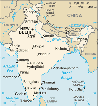 India - Background: 	Definition Field Listing Aryan tribes from the northwest infiltrated onto the Indian subcontinent about 1500 B.C.; their merger with the earlier Dravidian inhabitants created the classical Indian culture. The Maurya Empire of the 4th and 3rd centuries B.C. - which reached its zenith under ASHOKA - united much of South Asia. The Golden Age ushered in by the Gupta dynasty (4th to 6th centuries A.D.) saw a flowering of Indian science, art, and culture. Arab incursions starting in the 8th century and Turkic in the 12th were followed by those of European traders, beginning in the late 15th century. By the 19th century, Britain had assumed political control of virtually all Indian lands. Indian armed forces in the British army played a vital role in both World Wars. Nonviolent resistance to British colonialism led by Mohandas GANDHI and Jawaharlal NEHRU brought independence in 1947. The subcontinent was divided into the secular state of India and the smaller Muslim state of Pakistan. A third war between the two countries in 1971 resulted in East Pakistan becoming the separate nation of Bangladesh. India's nuclear weapons testing in 1998 caused Pakistan to conduct its own tests that same year. The dispute between the countries over the state of Kashmir is ongoing, but discussions and confidence-building measures have led to decreased tensions since 2002. Despite impressive gains in economic investment and output, India faces pressing problems such as significant overpopulation, environmental degradation, extensive poverty, and ethnic and religious strife.  	Geography 	 India 	Top of Page Location: 	Definition Field Listing Southern Asia, bordering the Arabian Sea and the Bay of Bengal, between Burma and Pakistan Geographic coordinates: 	Definition Field Listing 20 00 N, 77 00 E Map references: 	Definition Field Listing Asia Area: 	Definition Field Listing Rank Order total: 3,287,590 sq km land: 2,973,190 sq km water: 314,400 sq km Area - comparative: 	Definition Field Listing slightly more than one-third the size of the US Land boundaries: 	Definition Field Listing total: 14,103 km border countries: Bangladesh 4,053 km, Bhutan 605 km, Burma 1,463 km, China 3,380 km, Nepal 1,690 km, Pakistan 2,912 km Coastline: 	Definition Field Listing 7,000 km Maritime claims: 	Definition Field Listing territorial sea: 12 nm contiguous zone: 24 nm exclusive economic zone: 200 nm continental shelf: 200 nm or to the edge of the continental margin Climate: 	Definition Field Listing varies from tropical monsoon in south to temperate in north Terrain: 	Definition Field Listing upland plain (Deccan Plateau) in south, flat to rolling plain along the Ganges, deserts in west, Himalayas in north Elevation extremes: 	Definition Field Listing lowest point: Indian Ocean 0 m highest point: Kanchenjunga 8,598 m Natural resources: 	Definition Field Listing coal (fourth-largest reserves in the world), iron ore, manganese, mica, bauxite, titanium ore, chromite, natural gas, diamonds, petroleum, limestone, arable land Land use: 	Definition Field Listing arable land: 48.83% permanent crops: 2.8% other: 48.37% (2005) Irrigated land: 	Definition Field Listing 558,080 sq km (2003) Natural hazards: 	Definition Field Listing droughts; flash floods, as well as widespread and destructive flooding from monsoonal rains; severe thunderstorms; earthquakes Environment - current issues: 	Definition Field Listing deforestation; soil erosion; overgrazing; desertification; air pollution from industrial effluents and vehicle emissions; water pollution from raw sewage and runoff of agricultural pesticides; tap water is not potable throughout the country; huge and growing population is overstraining natural resources Environment - international agreements: 	Definition Field Listing party to: Antarctic-Environmental Protocol, Antarctic-Marine Living Resources, Antarctic Treaty, Biodiversity, Climate Change, Climate Change-Kyoto Protocol, Desertification, Endangered Species, Environmental Modification, Hazardous Wastes, Law of the Sea, Ozone Layer Protection, Ship Pollution, Tropical Timber 83, Tropical Timber 94, Wetlands, Whaling signed, but not ratified: none of the selected agreements Geography - note: 	Definition Field Listing dominates South Asian subcontinent; near important Indian Ocean trade routes; Kanchenjunga, third tallest mountain in the world, lies on the border with Nepal