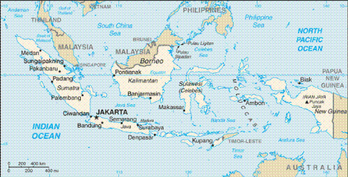 Indonesia - Background: 	Definition Field Listing The Dutch began to colonize Indonesia in the early 17th century; the islands were occupied by Japan from 1942 to 1945. Indonesia declared its independence after Japan's surrender, but it required four years of intermittent negotiations, recurring hostilities, and UN mediation before the Netherlands agreed to relinquish its colony. Indonesia is the world's largest archipelagic state and home to the world's largest Muslim population. Current issues include: alleviating poverty, preventing terrorism, consolidating democracy after four decades of authoritarianism, implementing financial sector reforms, stemming corruption, holding the military and police accountable for human rights violations, and controlling avian influenza. In 2005, Indonesia reached a historic peace agreement with armed separatists in Aceh, which led to democratic elections in December 2006. Indonesia continues to face a low intensity separatist guerilla movement in Papua.  	Geography 	 Indonesia 	Top of Page Location: 	Definition Field Listing Southeastern Asia, archipelago between the Indian Ocean and the Pacific Ocean Geographic coordinates: 	Definition Field Listing 5 00 S, 120 00 E Map references: 	Definition Field Listing Southeast Asia Area: 	Definition Field Listing Rank Order total: 1,919,440 sq km land: 1,826,440 sq km water: 93,000 sq km Area - comparative: 	Definition Field Listing slightly less than three times the size of Texas Land boundaries: 	Definition Field Listing total: 2,830 km border countries: Timor-Leste 228 km, Malaysia 1,782 km, Papua New Guinea 820 km Coastline: 	Definition Field Listing 54,716 km Maritime claims: 	Definition Field Listing measured from claimed archipelagic straight baselines territorial sea: 12 nm exclusive economic zone: 200 nm Climate: 	Definition Field Listing tropical; hot, humid; more moderate in highlands Terrain: 	Definition Field Listing mostly coastal lowlands; larger islands have interior mountains Elevation extremes: 	Definition Field Listing lowest point: Indian Ocean 0 m highest point: Puncak Jaya 5,030 m Natural resources: 	Definition Field Listing petroleum, tin, natural gas, nickel, timber, bauxite, copper, fertile soils, coal, gold, silver Land use: 	Definition Field Listing arable land: 11.03% permanent crops: 7.04% other: 81.93% (2005) Irrigated land: 	Definition Field Listing 45,000 sq km (2003) Natural hazards: 	Definition Field Listing occasional floods, severe droughts, tsunamis, earthquakes, volcanoes, forest fires Environment - current issues: 	Definition Field Listing deforestation; water pollution from industrial wastes, sewage; air pollution in urban areas; smoke and haze from forest fires Environment - international agreements: 	Definition Field Listing party to: Biodiversity, Climate Change, Climate Change-Kyoto Protocol, Desertification, Endangered Species, Hazardous Wastes, Law of the Sea, Marine Life Conservation, Ozone Layer Protection, Ship Pollution, Tropical Timber 83, Tropical Timber 94, Wetlands signed, but not ratified: none of the selected agreements Geography - note: 	Definition Field Listing archipelago of 17,508 islands (6,000 inhabited); straddles equator; strategic location astride or along major sea lanes from Indian Ocean to Pacific Ocean