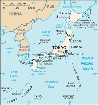 Japan - Background: 	Definition Field Listing In 1603, a Tokugawa shogunate (military dictatorship) ushered in a long period of isolation from foreign influence in order to secure its power. For 250 years this policy enabled Japan to enjoy stability and a flowering of its indigenous culture. Following the Treaty of Kanagawa with the US in 1854, Japan opened its ports and began to intensively modernize and industrialize. During the late 19th and early 20th centuries, Japan became a regional power that was able to defeat the forces of both China and Russia. It occupied Korea, Formosa (Taiwan), and southern Sakhalin Island. In 1931-32 Japan occupied Manchuria, and in 1937 it launched a full-scale invasion of China. Japan attacked US forces in 1941 - triggering America's entry into World War II - and soon occupied much of East and Southeast Asia. After its defeat in World War II, Japan recovered to become an economic power and a staunch ally of the US. While the emperor retains his throne as a symbol of national unity, actual power rests in networks of powerful politicians, bureaucrats, and business executives. The economy experienced a major slowdown starting in the 1990s following three decades of unprecedented growth, but Japan still remains a major economic power, both in Asia and globally.  	Geography 	 Japan 	Top of Page Location: 	Definition Field Listing Eastern Asia, island chain between the North Pacific Ocean and the Sea of Japan, east of the Korean Peninsula Geographic coordinates: 	Definition Field Listing 36 00 N, 138 00 E Map references: 	Definition Field Listing Asia Area: 	Definition Field Listing Rank Order total: 377,835 sq km land: 374,744 sq km water: 3,091 sq km note: includes Bonin Islands (Ogasawara-gunto), Daito-shoto, Minami-jima, Okino-tori-shima, Ryukyu Islands (Nansei-shoto), and Volcano Islands (Kazan-retto) Area - comparative: 	Definition Field Listing slightly smaller than California Land boundaries: 	Definition Field Listing 0 km Coastline: 	Definition Field Listing 29,751 km Maritime claims: 	Definition Field Listing territorial sea: 12 nm; between 3 nm and 12 nm in the international straits - La Perouse or Soya, Tsugaru, Osumi, and Eastern and Western Channels of the Korea or Tsushima Strait contiguous zone: 24 nm exclusive economic zone: 200 nm Climate: 	Definition Field Listing varies from tropical in south to cool temperate in north Terrain: 	Definition Field Listing mostly rugged and mountainous Elevation extremes: 	Definition Field Listing lowest point: Hachiro-gata -4 m highest point: Mount Fuji 3,776 m Natural resources: 	Definition Field Listing negligible mineral resources, fish Land use: 	Definition Field Listing arable land: 11.64% permanent crops: 0.9% other: 87.46% (2005) Irrigated land: 	Definition Field Listing 25,920 sq km (2003) Natural hazards: 	Definition Field Listing many dormant and some active volcanoes; about 1,500 seismic occurrences (mostly tremors) every year; tsunamis; typhoons Environment - current issues: 	Definition Field Listing air pollution from power plant emissions results in acid rain; acidification of lakes and reservoirs degrading water quality and threatening aquatic life; Japan is one of the largest consumers of fish and tropical timber, contributing to the depletion of these resources in Asia and elsewhere Environment - international agreements: 	Definition Field Listing party to: Antarctic-Environmental Protocol, Antarctic-Marine Living Resources, Antarctic Seals, Antarctic Treaty, Biodiversity, Climate Change, Climate Change-Kyoto Protocol, Desertification, Endangered Species, Environmental Modification, Hazardous Wastes, Law of the Sea, Marine Dumping, Ozone Layer Protection, Ship Pollution, Tropical Timber 83, Tropical Timber 94, Wetlands, Whaling Geography - note: 	Definition Field Listing strategic location in northeast Asia