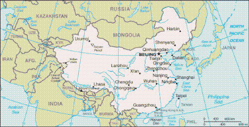 China - Background: 	Definition Field Listing For centuries China stood as a leading civilization, outpacing the rest of the world in the arts and sciences, but in the 19th and early 20th centuries, the country was beset by civil unrest, major famines, military defeats, and foreign occupation. After World War II, the Communists under MAO Zedong established an autocratic socialist system that, while ensuring China's sovereignty, imposed strict controls over everyday life and cost the lives of tens of millions of people. After 1978, his successor DENG Xiaoping and other leaders focused on market-oriented economic development and by 2000 output had quadrupled. For much of the population, living standards have improved dramatically and the room for personal choice has expanded, yet political controls remain tight.  	Geography 	 China 	Top of Page Location: 	Definition Field Listing Eastern Asia, bordering the East China Sea, Korea Bay, Yellow Sea, and South China Sea, between North Korea and Vietnam Geographic coordinates: 	Definition Field Listing 35 00 N, 105 00 E Map references: 	Definition Field Listing Asia Area: 	Definition Field Listing Rank Order total: 9,596,960 sq km land: 9,326,410 sq km water: 270,550 sq km Area - comparative: 	Definition Field Listing slightly smaller than the US Land boundaries: 	Definition Field Listing total: 22,117 km border countries: Afghanistan 76 km, Bhutan 470 km, Burma 2,185 km, India 3,380 km, Kazakhstan 1,533 km, North Korea 1,416 km, Kyrgyzstan 858 km, Laos 423 km, Mongolia 4,677 km, Nepal 1,236 km, Pakistan 523 km, Russia (northeast) 3,605 km, Russia (northwest) 40 km, Tajikistan 414 km, Vietnam 1,281 km regional borders: Hong Kong 30 km, Macau 0.34 km Coastline: 	Definition Field Listing 14,500 km Maritime claims: 	Definition Field Listing territorial sea: 12 nm contiguous zone: 24 nm exclusive economic zone: 200 nm continental shelf: 200 nm or to the edge of the continental margin Climate: 	Definition Field Listing extremely diverse; tropical in south to subarctic in north Terrain: 	Definition Field Listing mostly mountains, high plateaus, deserts in west; plains, deltas, and hills in east Elevation extremes: 	Definition Field Listing lowest point: Turpan Pendi -154 m highest point: Mount Everest 8,850 m Natural resources: 	Definition Field Listing coal, iron ore, petroleum, natural gas, mercury, tin, tungsten, antimony, manganese, molybdenum, vanadium, magnetite, aluminum, lead, zinc, uranium, hydropower potential (world's largest) Land use: 	Definition Field Listing arable land: 14.86% permanent crops: 1.27% other: 83.87% (2005) Irrigated land: 	Definition Field Listing 545,960 sq km (2003) Natural hazards: 	Definition Field Listing frequent typhoons (about five per year along southern and eastern coasts); damaging floods; tsunamis; earthquakes; droughts; land subsidence Environment - current issues: 	Definition Field Listing air pollution (greenhouse gases, sulfur dioxide particulates) from reliance on coal produces acid rain; water shortages, particularly in the north; water pollution from untreated wastes; deforestation; estimated loss of one-fifth of agricultural land since 1949 to soil erosion and economic development; desertification; trade in endangered species Environment - international agreements: 	Definition Field Listing party to: Antarctic-Environmental Protocol, Antarctic Treaty, Biodiversity, Climate Change, Climate Change-Kyoto Protocol, Desertification, Endangered Species, Hazardous Wastes, Law of the Sea, Marine Dumping, Ozone Layer Protection, Ship Pollution, Tropical Timber 83, Tropical Timber 94, Wetlands, Whaling signed, but not ratified: none of the selected agreements Geography - note: 	Definition Field Listing world's fourth largest country (after Russia, Canada, and US); Mount Everest on the border with Nepal is the world's tallest peak
