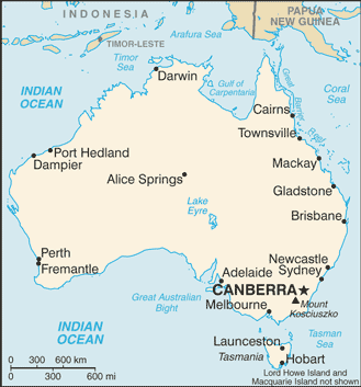 Australia - Background: 	Definition Field Listing Aboriginal settlers arrived on the continent from Southeast Asia about 40,000 years before the first Europeans began exploration in the 17th century. No formal territorial claims were made until 1770, when Capt. James COOK took possession in the name of Great Britain. Six colonies were created in the late 18th and 19th centuries; they federated and became the Commonwealth of Australia in 1901. The new country took advantage of its natural resources to rapidly develop agricultural and manufacturing industries and to make a major contribution to the British effort in World Wars I and II. In recent decades, Australia has transformed itself into an internationally competitive, advanced market economy. It boasted one of the OECD's fastest growing economies during the 1990s, a performance due in large part to economic reforms adopted in the 1980s. Long-term concerns include pollution, particularly depletion of the ozone layer, and management and conservation of coastal areas, especially the Great Barrier Reef.  	Geography 	 Australia 	Top of Page Location: 	Definition Field Listing Oceania, continent between the Indian Ocean and the South Pacific Ocean Geographic coordinates: 	Definition Field Listing 27 00 S, 133 00 E Map references: 	Definition Field Listing Oceania Area: 	Definition Field Listing Rank Order total: 7,686,850 sq km land: 7,617,930 sq km water: 68,920 sq km note: includes Lord Howe Island and Macquarie Island Area - comparative: 	Definition Field Listing slightly smaller than the US contiguous 48 states Land boundaries: 	Definition Field Listing 0 km Coastline: 	Definition Field Listing 25,760 km Maritime claims: 	Definition Field Listing territorial sea: 12 nm contiguous zone: 24 nm exclusive economic zone: 200 nm continental shelf: 200 nm or to the edge of the continental margin Climate: 	Definition Field Listing generally arid to semiarid; temperate in south and east; tropical in north Terrain: 	Definition Field Listing mostly low plateau with deserts; fertile plain in southeast Elevation extremes: 	Definition Field Listing lowest point: Lake Eyre -15 m highest point: Mount Kosciuszko 2,229 m Natural resources: 	Definition Field Listing bauxite, coal, iron ore, copper, tin, gold, silver, uranium, nickel, tungsten, mineral sands, lead, zinc, diamonds, natural gas, petroleum Land use: 	Definition Field Listing arable land: 6.15% (includes about 27 million hectares of cultivated grassland) permanent crops: 0.04% other: 93.81% (2005) Irrigated land: 	Definition Field Listing 25,450 sq km (2003) Natural hazards: 	Definition Field Listing cyclones along the coast; severe droughts; forest fires Environment - current issues: 	Definition Field Listing soil erosion from overgrazing, industrial development, urbanization, and poor farming practices; soil salinity rising due to the use of poor quality water; desertification; clearing for agricultural purposes threatens the natural habitat of many unique animal and plant species; the Great Barrier Reef off the northeast coast, the largest coral reef in the world, is threatened by increased shipping and its popularity as a tourist site; limited natural fresh water resources Environment - international agreements: 	Definition Field Listing party to: Antarctic-Environmental Protocol, Antarctic-Marine Living Resources, Antarctic Seals, Antarctic Treaty, Biodiversity, Climate Change, Desertification, Endangered Species, Environmental Modification, Hazardous Wastes, Law of the Sea, Marine Dumping, Marine Life Conservation, Ozone Layer Protection, Ship Pollution, Tropical Timber 83, Tropical Timber 94, Wetlands, Whaling signed, but not ratified: Climate Change-Kyoto Protocol Geography - note: 	Definition Field Listing world's smallest continent but sixth-largest country; population concentrated along the eastern and southeastern coasts; the invigorating sea breeze known as the 'Fremantle Doctor' affects the city of Perth on the west coast, and is one of the most consistent winds in the world