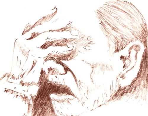 Captive - Sketched with brown charcoal pencil on paper. This is based on an actual picture of a German Jew in the concentration camps