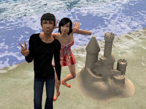 Bon Voyage, on the beach - Let my sims went for a trip to the Island. I love the beach! The sea is so beautiful and real. My sims built a sand castle on the beach and took a picture together~