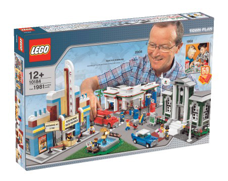 2008 lego set(1) - This set of lego will be available in January 2008, the man playing with the set is the same person as the boy in the inset photo. This set include a town hall, a cinema and a petrol station