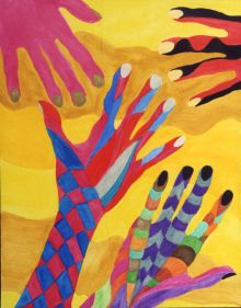 Colorful Hands - Four hands reaching for eachother